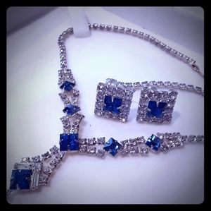 Vtg Clear & Sapphire blue crystals necklace set
